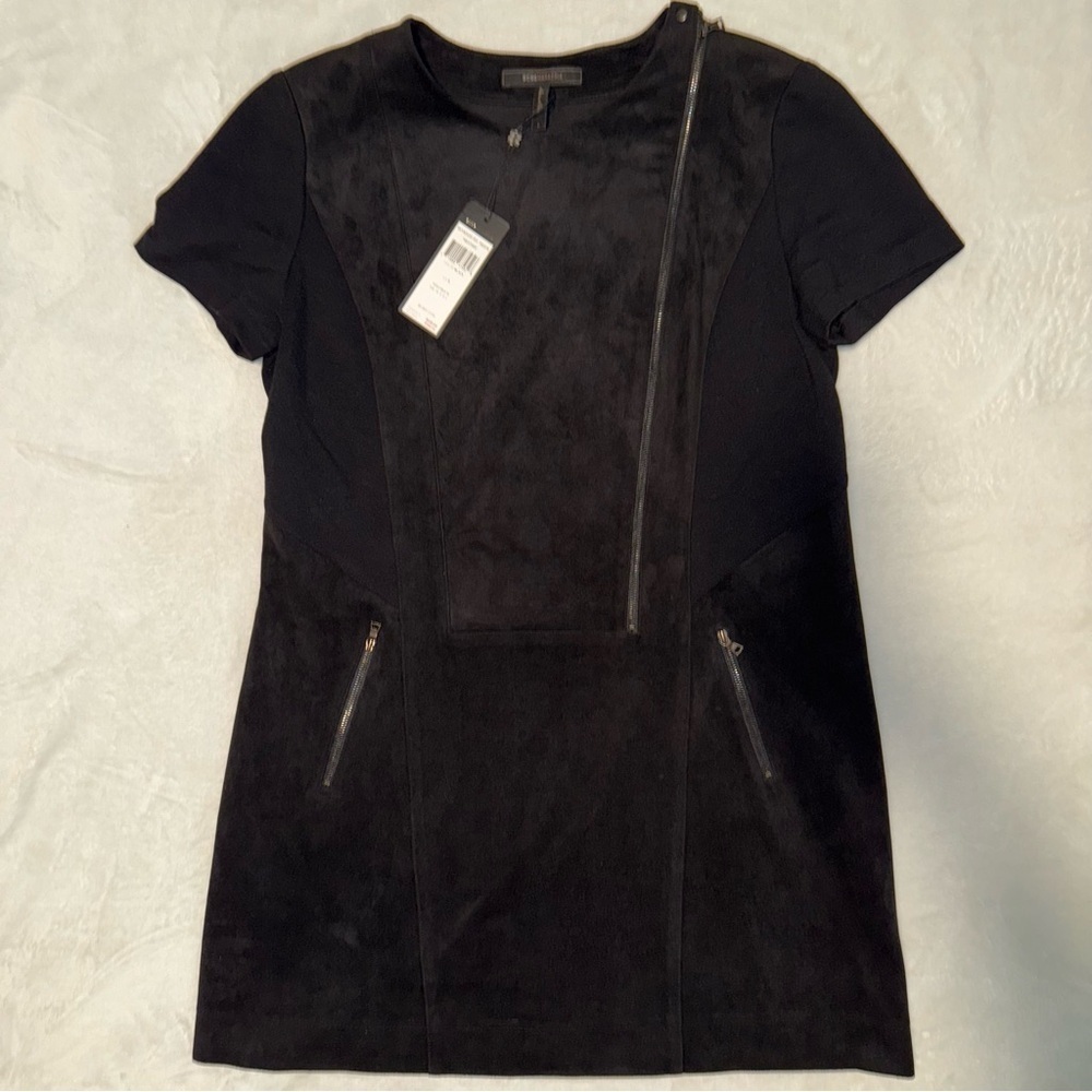 BCBGMaxAzria Faux Suede Heather Zipper Shift Mini Dress Rocker Moto Large